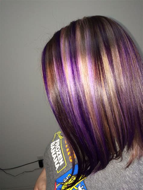 light brown hair with purple highlights|purple lowlights on brown hair.